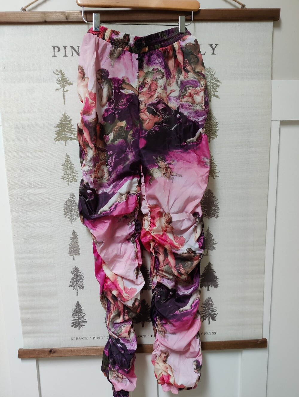 NWT AKIRA Renaissance Cherub Ruched Track Pants | Pink Multi Angel Jogger XL